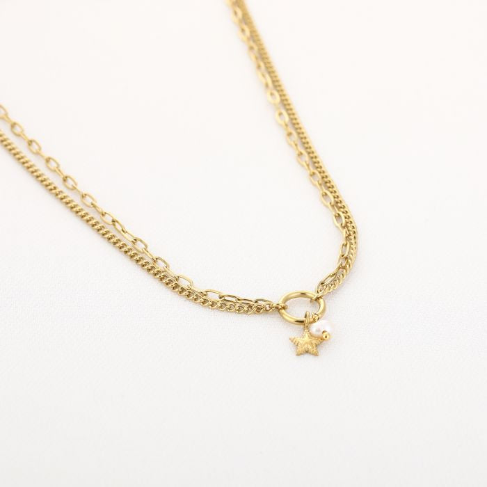 Double star pearl necklace gold