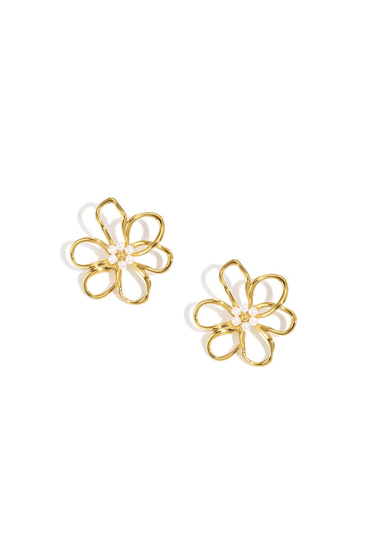 Big flower pearl earrings gold