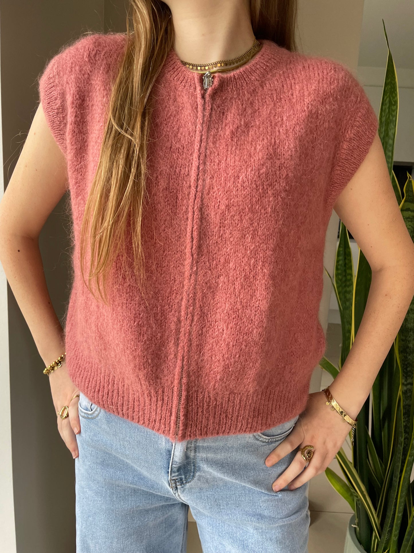 Mohair zipper débardeur oud roze