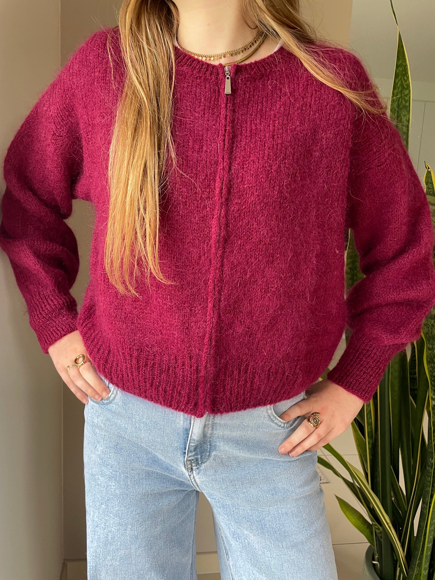 Mohair zipper trui bordeaux