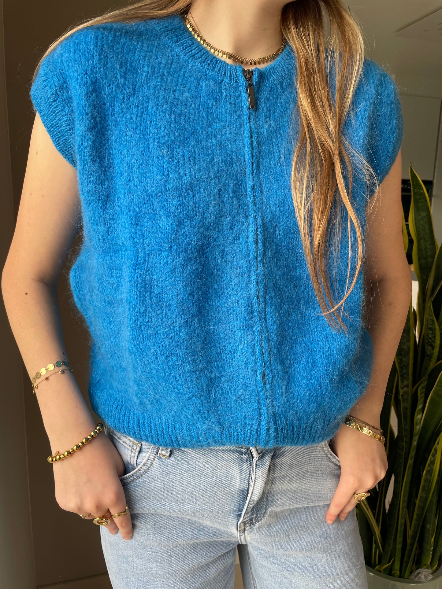 Mohair zipper débardeur blauw